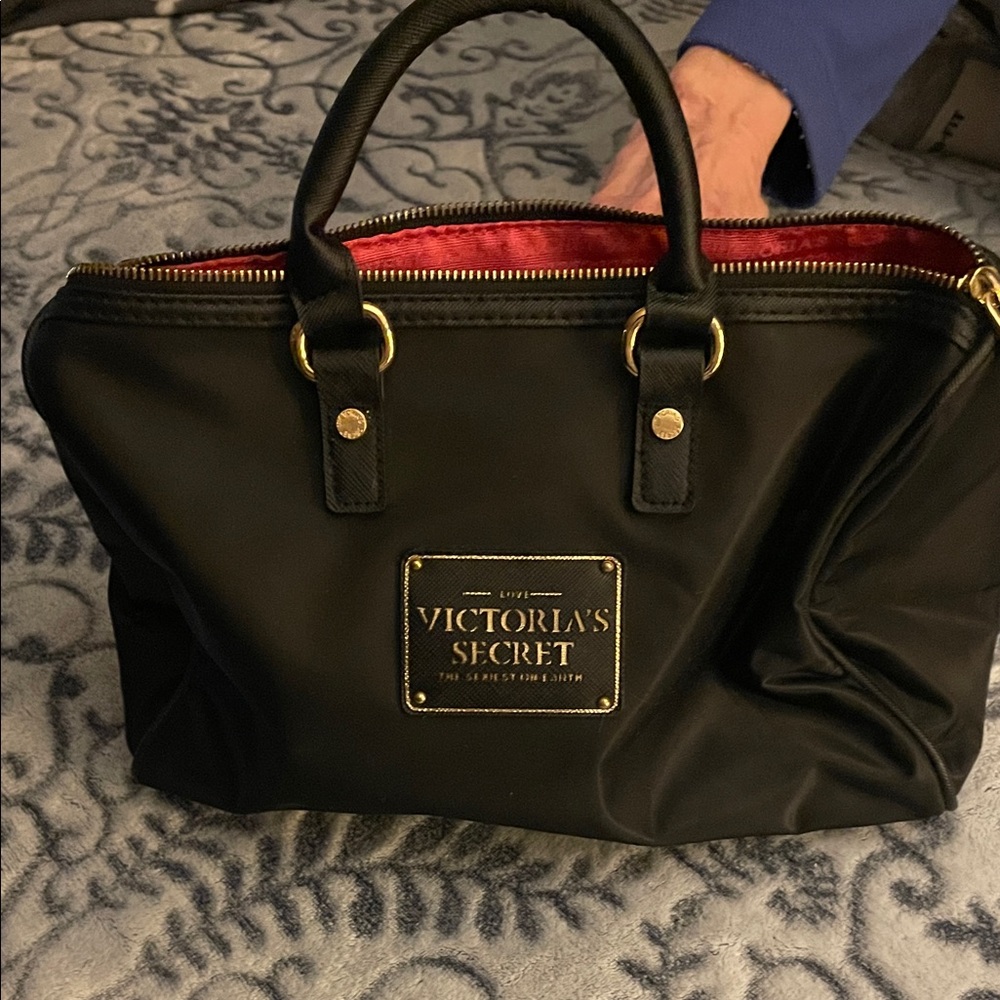Victoria's Secret Black Tote with Red Lining and Gold Hardware